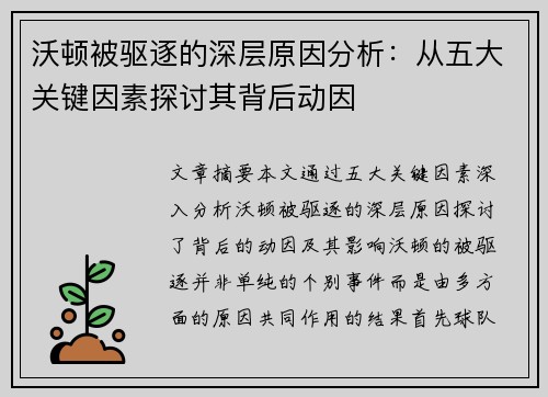 沃顿被驱逐的深层原因分析：从五大关键因素探讨其背后动因